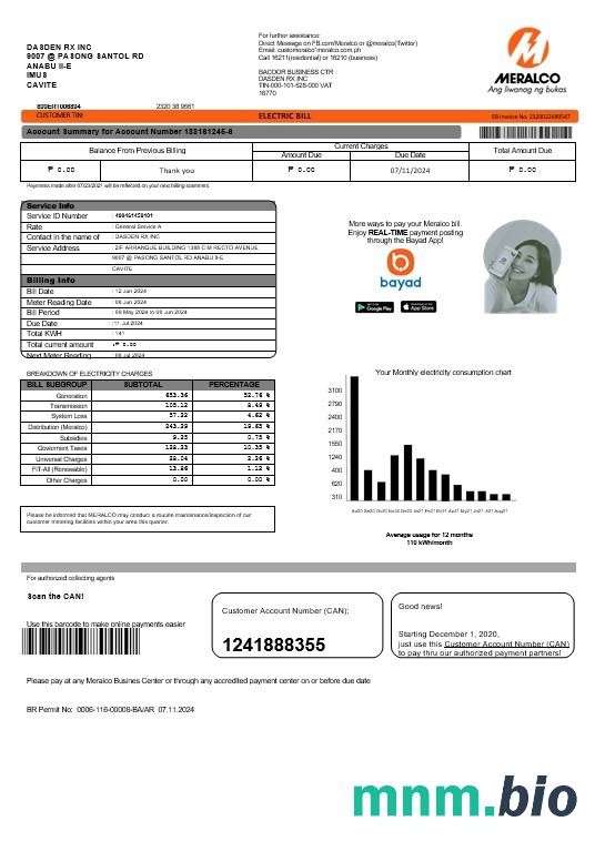 Filipiny Meralco electricity rachunek za usługi komunalne szablon w formacie Word i PDF, Wersja 2